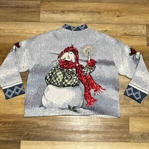 Vtg Sugar Street Weavers Snowman Tapestry Sweater 3X Button Up USA Glitter 90s